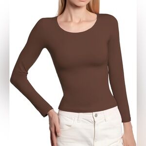 BRISIRA Women's Scoop Neck Double Lined Layering Long Sleeve Shirts Slim Fit